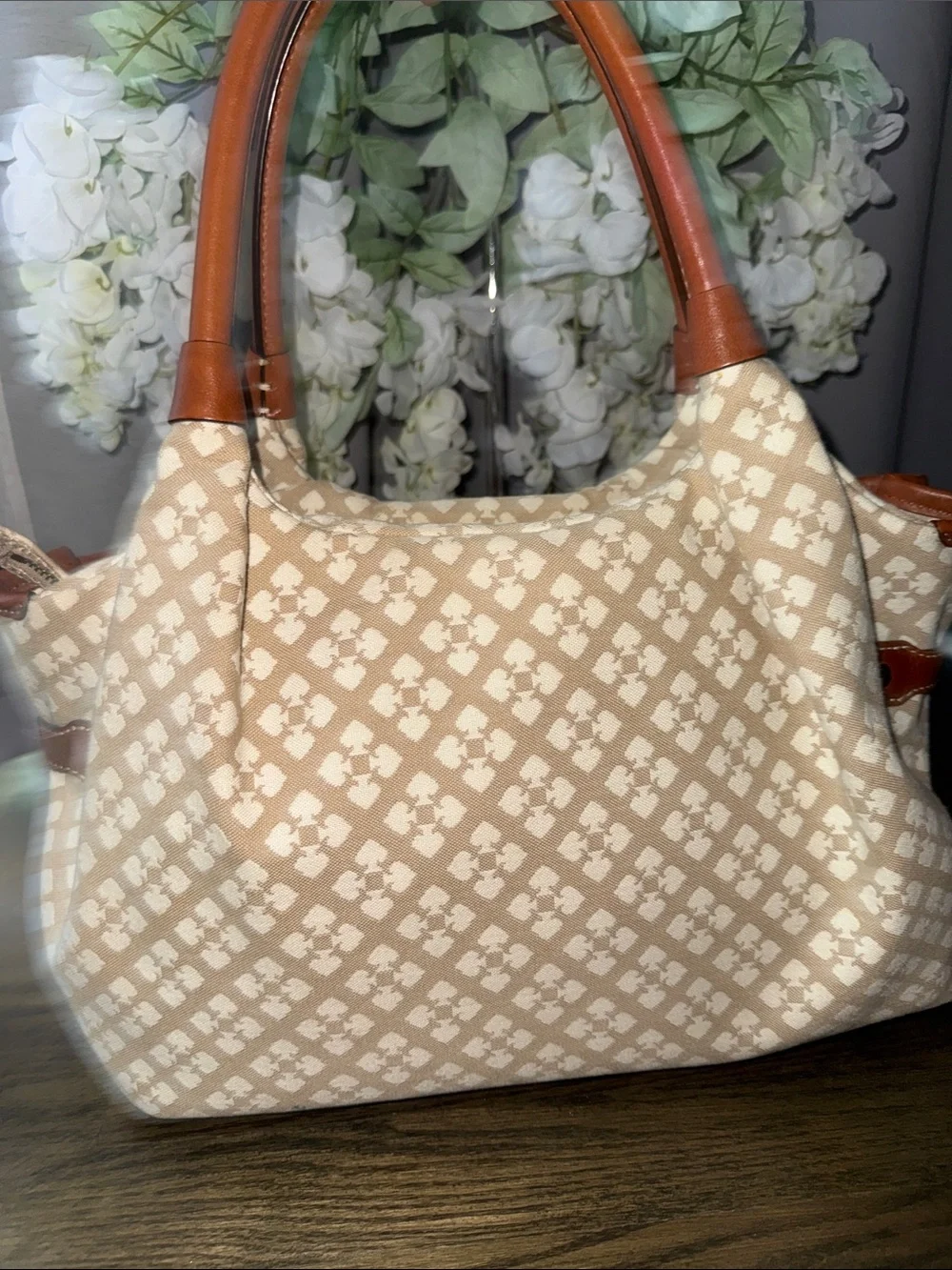 kate spade Beige Canvas Satchel with Red & Pink Center Stripe